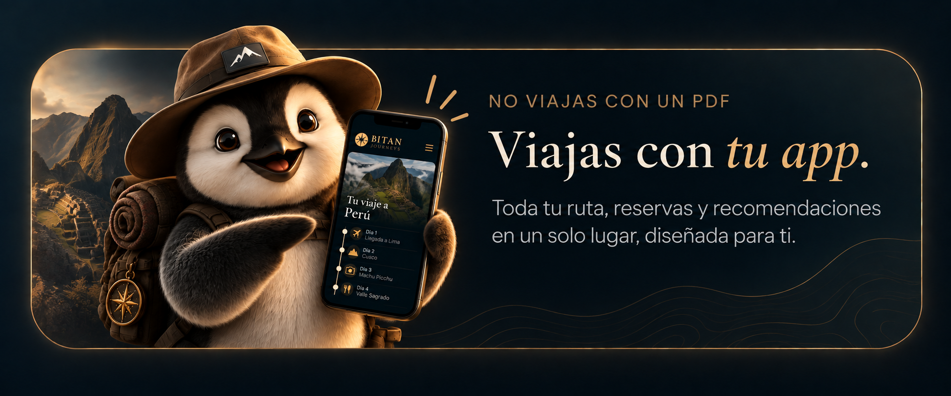 Bitan, el explorador de Bitan Journeys, sostiene tu app de viaje personalizada con la ruta a Machu Picchu, Perú: no viajas con un PDF, viajas con tu app, con toda tu ruta, reservas y recomendaciones en un solo lugar, diseñada para ti.